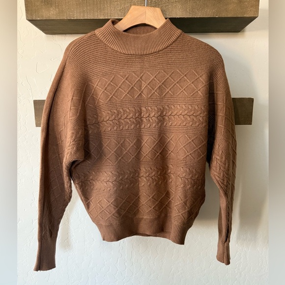 Magaschoni|Brown tan super soft mock neck sweater in textured detail•••Large - Picture 1 of 10